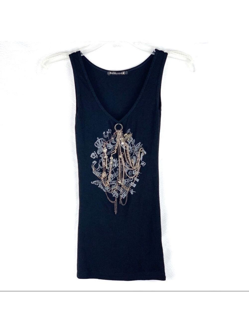 NEW-MARISA K Chains/Charms/Printed Black Tank Top